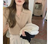 Suéter de punto con cuello de polo para mujer: Blusa abotonada de manga larga para otoño/invierno 2023 One Size negro