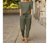 Conjuntos de talla grande de algodón y lino para mujer, pantalones con pernera ancha de 2 piezas, chándal para mujer, conjuntos de blusa sólida, trajes Retro para el hogar S azul marino