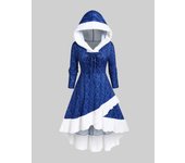 Vestido de punto trenzado 3D con capucha y cordones, ribete esponjoso y estampado de Rosegal en talla grande XL azul