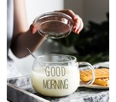 Taza de cristal resistente al calor con asa, Taza de leche para desayuno, taza para microondas, taza redonda divertida, letra blanca con tapa redonda, 350ml 350ml