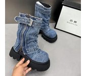 Botas vaqueras de moda para mujer, botas de vaquero de media pantorrilla, botas de plataforma con cremallera para mujer, zapatos de tacón medio de diseñador, botas de moto 2024 35 azul
