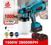 ONEVAN Pistola pulverizadora eléctrica de 1000 ml, pulverizador de pintura inalámbrico para muebles de automóvil, aerógrafo para revestimiento de acero, compatible con batería Makita de 18 V Without Battery