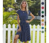 Vestido de verano para mujer, vestidos de longitud media con cintura elástica, vestidos plisados ​​de lunares atados de manga corta S verde