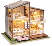 Casa de muñecas Moin Moin, kit en miniatura hecho a mano, casa con perro corgi, cactus natural, coche rosa, lámpara de araña, luz LED, caja de acrílico 2108DH278 1/24 gris