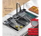 Fregadero de cocina de acero inoxidable 304, doble cascada, ranura única, juego de grifería con pantalla Digital integrada, dispensador de jabón, lavadora de tazas