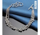 Pulsera multicadena con cuentas de cara brillante de plata de ley 925, joyería de moda para bodas 20CM