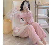 Pijama de peluche Sweet Bear para mujer - Estilo invernal, mangas largas y pantalones, talla grande (90 kg) L color rosa