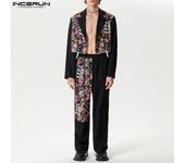 INCERUN Trajes de 2 piezas para hombre, chaqueta con estampado floral de ganchillo de encaje de manga larga, abrigo y pantalones largos S negro