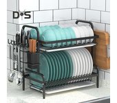 Escurridor de platos de 2 niveles con patas antideslizantes, capacidad para 17 platos, 18 tazones, vasos, loncheras, organizador de encimera de cocina, soporte para utensilios, cesta para cubiertos Dual Layer negro