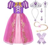 ANONIE Rapunzel en la Torre Vestido de Princesa de Cabello Largo Princesa de Una Pieza Cosplay Niña Cumpleaños Regalo de Navidad Conjunto de Lujo de 7 Piezas Púrpura 100