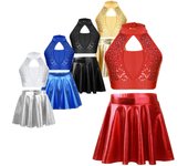 Traje de Animadora para Niñas Top Corto de Lentejuelas con Abertura Delantera y Espalda con Ojo de Cerradura Falda Metálica con Volantes Set de Danza 11-12 Years negro