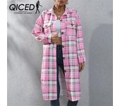 QICED Mujer Vintage Casual Estampado A Cuadros Otoño Invierno Manga Larga POLO Cuello Chaquetas y Abrigos S color rosa