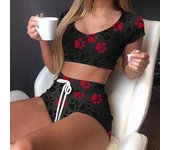 2 Unids/set Conjunto de Pijamas de Mujer Cuello en V Estampado de Pata de Dibujos Animados Color a Juego Cordón Cintura Alta Slim Fit Manga Corta Ropa de Dormir Ropa de Dormir Conjunto de Pantalones Cortos Superiores XL verde del ejército