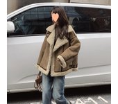 Abrigo de piel de cordero de invierno para mujer, chaqueta de motociclista gruesa con empalme integrado de piel, chaqueta acolchada de algodón XL verde