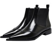 Botines de cuero auténtico para mujer, botas con banda elástica y punta estrecha, botas de moto para mujer, zapatos negros de tacón bajo sin cordones 34 negro