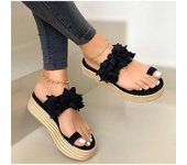 Sandalias de verano para mujer, zapatos con Tanga y plataforma con punta abierta y flores, Sandalias informales cómodas a la moda para mujer 43 negro