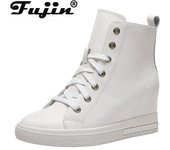 Fujin 7cm tobillo de cuero genuino botines de motocicleta mujer señoras con cordones tacones ocultos plataforma cuña Chelsea otoño zapatos británicos 34 negro