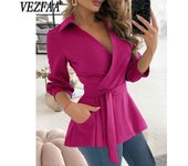 VEZFAA Blusas y camisas con cuello tipo POLO de manga larga para primavera y otoño, informales, a la moda para mujer S negro