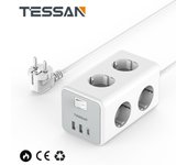 Tessan Regleta de enchufe UE de 3600W, Cable de extensión de 2M, toma eléctrica Multiprise de 6 salidas de CA con 2 USB, 1 carga rápida tipo C 3 Outlets &3 USB Ports gris