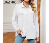 JKAASHDK Blusas y camisas de manga larga con cuello tipo POLO para primavera y otoño con estampado de Color sólido informal a la moda para mujer S blanco