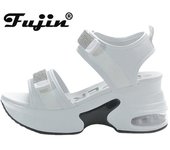 Fujin 8CM nuevas sandalias de cuero genuino para mujer, zapatos cómodos con diamantes de imitación, moda ostentosa, plataforma de verano para mujer, gancho para mujer encantador 34 negro