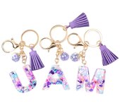 Llavero con borlas y letras de colores de AZ, colgante de resina con piedras moradas rellenas, llavero para bolso, accesorio para llaves de coche T