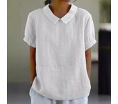 Blusa informal con cuello Peter Pan para mujer, blusa holgada de algodón de verano, Tops de lino, camisa informal transpirable de manga corta de Color sólido para mujer L azul marino