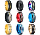 Anillos de acero inoxidable para hombre de 8mm, anillo de borde biselado con ranura de arcoíris azul y rojo, anillo de fibra de carbono, joyería de boda para hombre 9