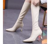 Botas modernas de tacón fino por encima de la rodilla para mujer, zapatos de invierno de moda de PU con cremallera de goma para mujer, botas puntiagudas sin cordones sólidas 36 marrón