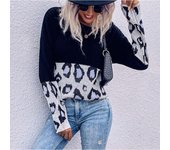 Otoño e Invierno suéter de mujer moda empalme manga larga estampado de leopardo suéter suelto holgado S negro
