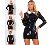 Disfraz de mucama de Halloween para mujer, de charol, bodycon, mini vestido de fiesta y club 4XL negro
