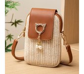 Bolso bandolera de paja elegante para teléfono con borla de perla, versátil y urbano, bolso de hombro neutro blanco sucio