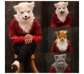 Máscara de cabeza de zorro con boca móvil, Animal, Panda, Tigre, Husky, orangután, piel artificial para fiesta de disfraces de Halloween blanco