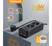 Tessan Regleta de enchufes con protección contra sobretensiones de 3600 W, adaptador de enchufe bidireccional GaN con 4 enchufes múltiples de carga rápida USB con cable de 2 m para el hogar 2 Outlets & 4 USB Ports negro