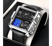 LIGE - Reloj de pulsera de cuarzo para hombre, marca de lujo, cuadrado, digital, deportivo, resistente al agua plata/azul
