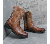 Botas vaqueras vintage bordadas en marrón de moda para hombre, recién llegadas, botas altas de cuero para exteriores para hombre, botas vaqueras cómodas con cremalleras para hombre 38