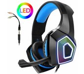 Auriculares para juegos con sonido envolvente montado en la cabeza, auriculares supraurales con micrófono ajustable, cable LED para computadora portátil y gamer rojo