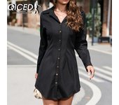 QICED Moda Mujer Otoño Invierno Color Sólido Estampado Manga Larga Cuello POLO Vestidos Casuales S blanco