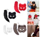 2 unids/set conjunto de cola de máscara de zorro, máscara peluda para niñas, conjunto de cola de zorro larga de piel sintética, cola de gato de Halloween, conjunto de cola de zorro y lobo negro