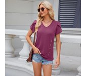Camiseta de verano para mujer, color liso, cuello en V, mangas pétalo, botones decorativos, manga corta XXL
