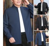 Chaqueta de hombre con cuello levantado, cárdigan liso de Color liso con cierre de cremallera, manga larga, longitud media, bolsillos a prueba de viento, abrigo fino para padre L azul
