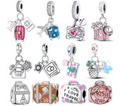 Colgante de plata de ley S925 con forma de maleta con temática de viaje, bolso para cámara, abalorios compatibles con pulseras originales, joyería artesanal para mujer, regalo