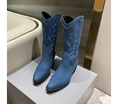 Botas vaqueras azules de caballero para mujer, estilo retro vaquero, bordadas, con tacón grueso, para exteriores, hasta la pantorrilla, 2024 35 azul
