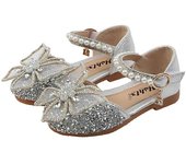 Sandalias de princesa para niñas, vestidos de princesa para niñas, tacones pequeños, lazos de vampiro con lentejuelas, zapatos de baile decorativos para niños 22 color rosa