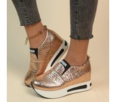 Zapatillas de deporte con plataforma de piel sintética plateadas a la moda para mujer, zapatos deportivos informales antideslizantes con suela gruesa, mocasines sin cordones de talla grande para mujer 35 oro
