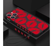 Funda de teléfono con patrón de labios rojos a prueba de golpes para iPhone 16 15 Pro Max 14 Plus 13 12 mini 11 XR XS 8 7 Funda de TPU suave de lujo con cordón iPhone 15 Plus blanco