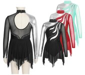 Vestido de baile elegante para niñas, vestido de manga larga con decoración de diamantes de imitación y espalda hueca para patinaje 5-6 Years negro