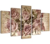 Cuadro en lienzo de cinco piezas con flores y rosas rosas 100x70 beige