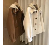 Chaqueta de lana con forro polar para mujer, chaqueta con capucha de dos piezas, gruesa y con efecto ilusión, para otoño e invierno. S café