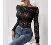 Camiseta de manga larga ajustada con escote festoneado y un solo escote, sin tirantes y encaje para mujer S negro